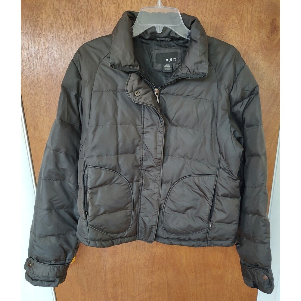 Mixit women's size L brown down puffer jacket without hood zippered pockets